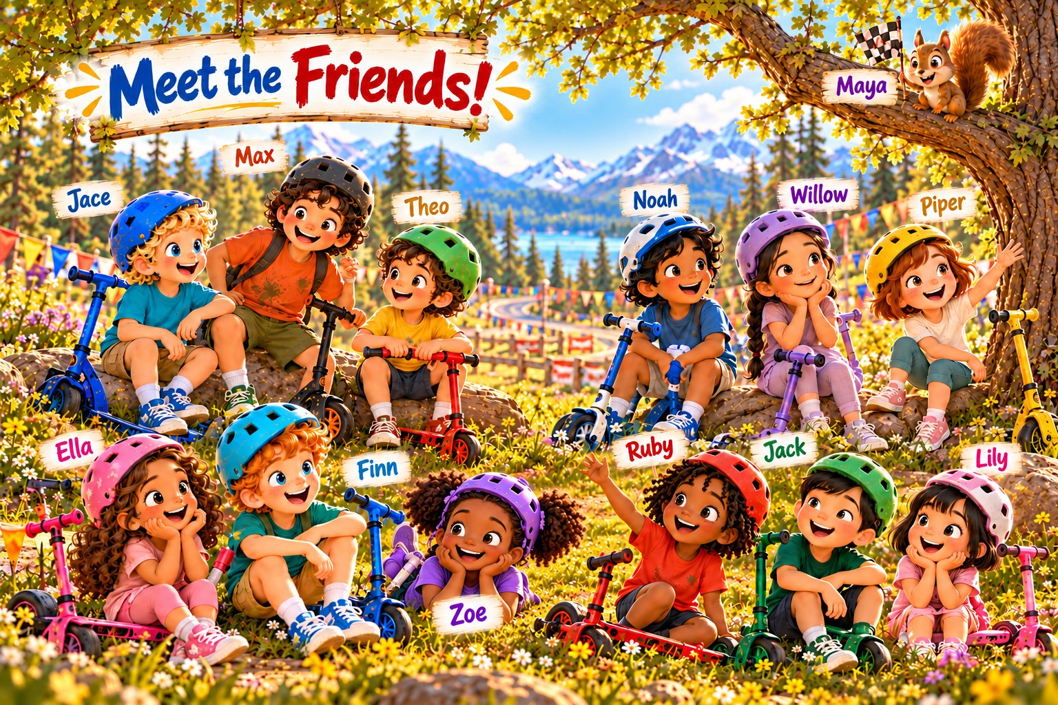 Meet the Friends: Jace, Max, Theo, Noah, Willow, Piper, Ella, Finn, Zoe, Ruby, Jack, Lily and Maya the squirrel in the park with their scooters, each with their name.