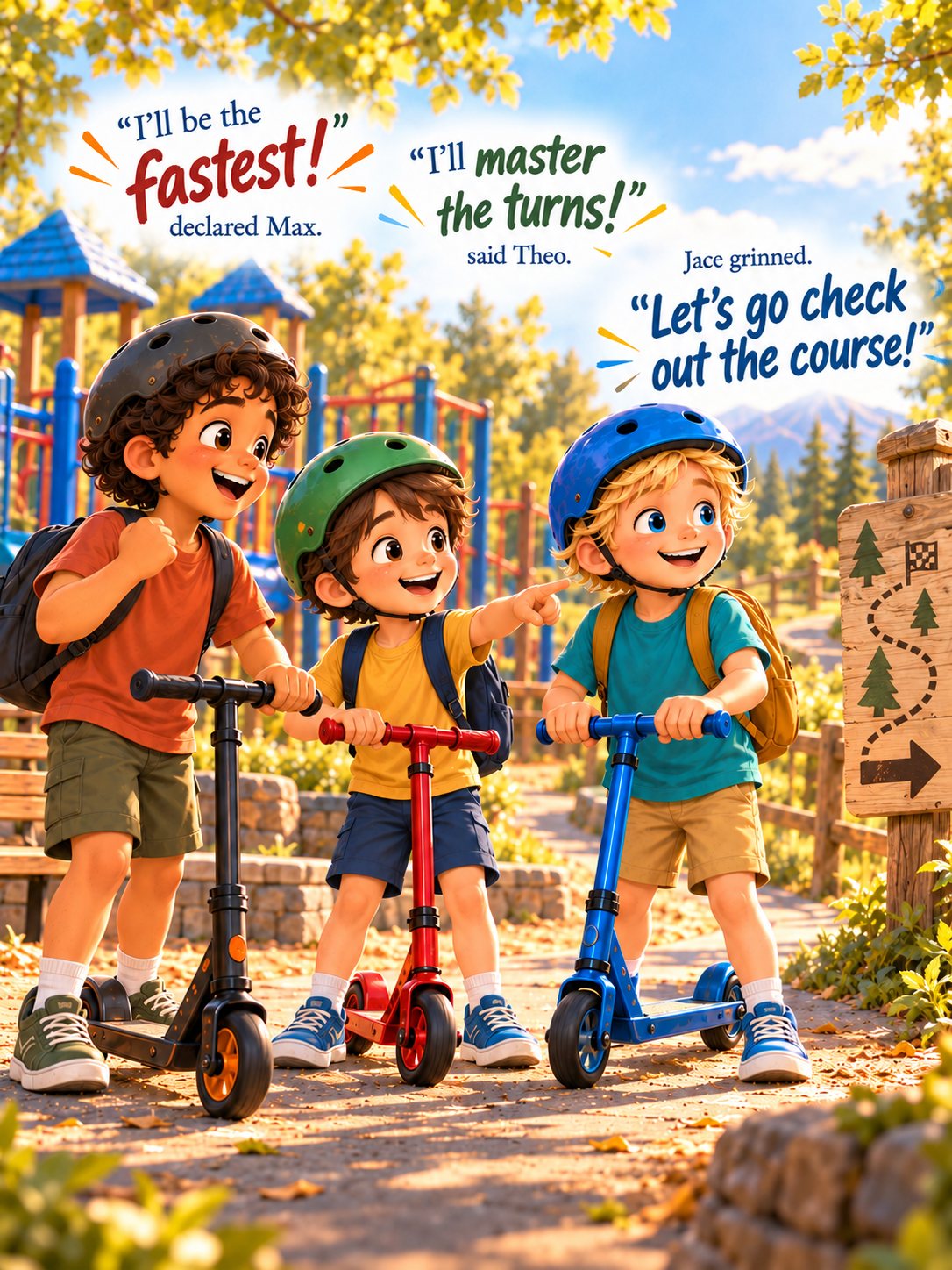 Max, Theo and Jace at the playground with their scooters, thrilled about the race; a wooden signpost points toward the course.
