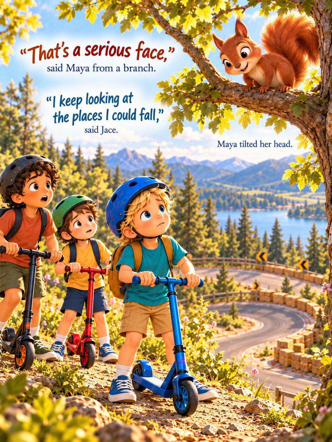 Maya the squirrel leans down from an oak branch toward Jace, Max and Theo, who look up at her from the hilltop.